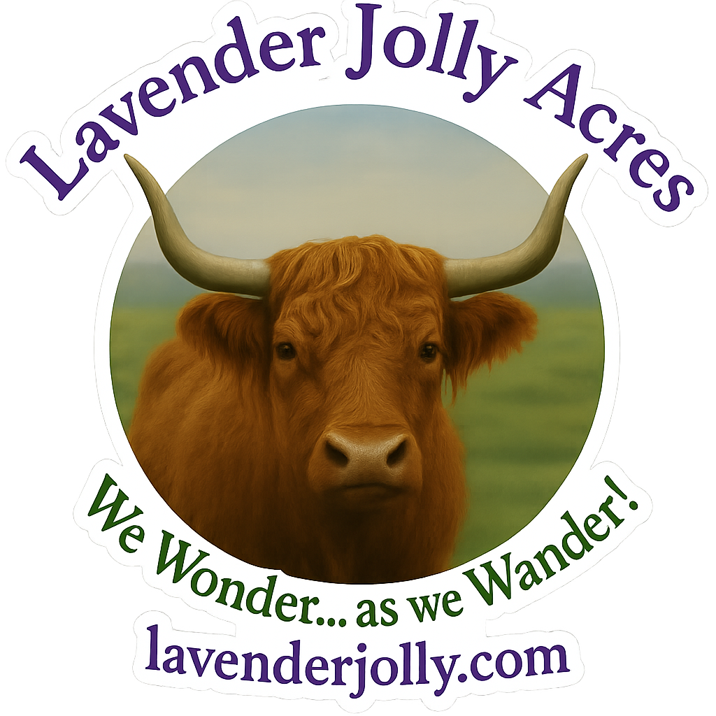 Lavender Jolly Acres farm logo — Highland cow Elsie icon